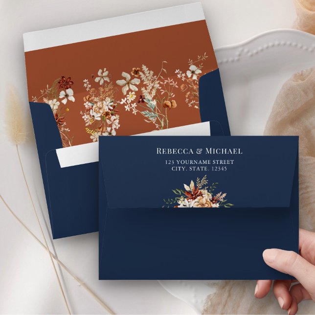 Terracotta Floral Wildflower Navy Blue Wedding Envelope (Creator Uploaded)