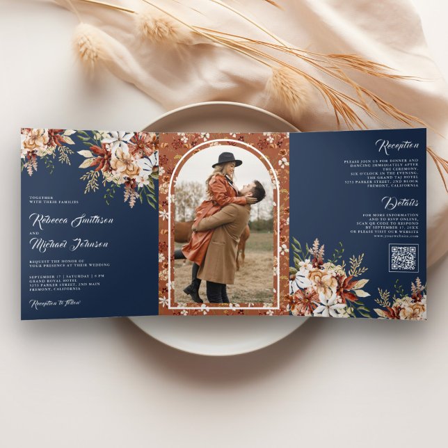 Terracotta Floral Wildflower Navy Blue Wedding Tri-Fold Invitation (Creator Uploaded)