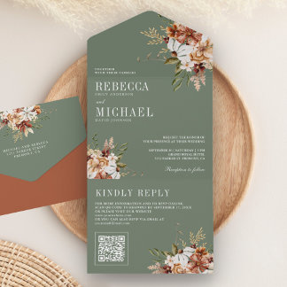 Terracotta Floral Wildflower Sage Green Wedding All In One Invitation