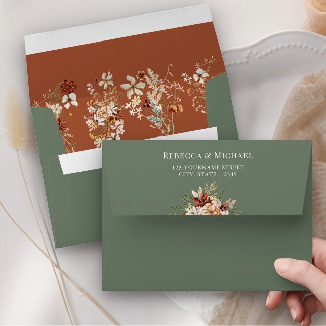 Terracotta Floral Wildflower Sage Green Wedding Envelope (Creator Uploaded)