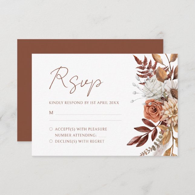 Terracotta Florals Boho Autumn Foliage Wedding RSVP Card (Front/Back)