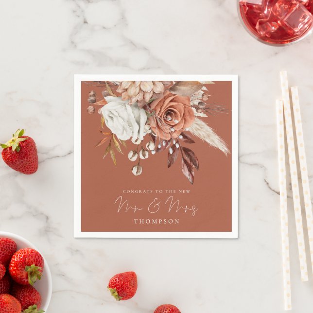 Terracotta Florals Congrats Mr Mrs Brown Wedding  Napkin (Insitu)