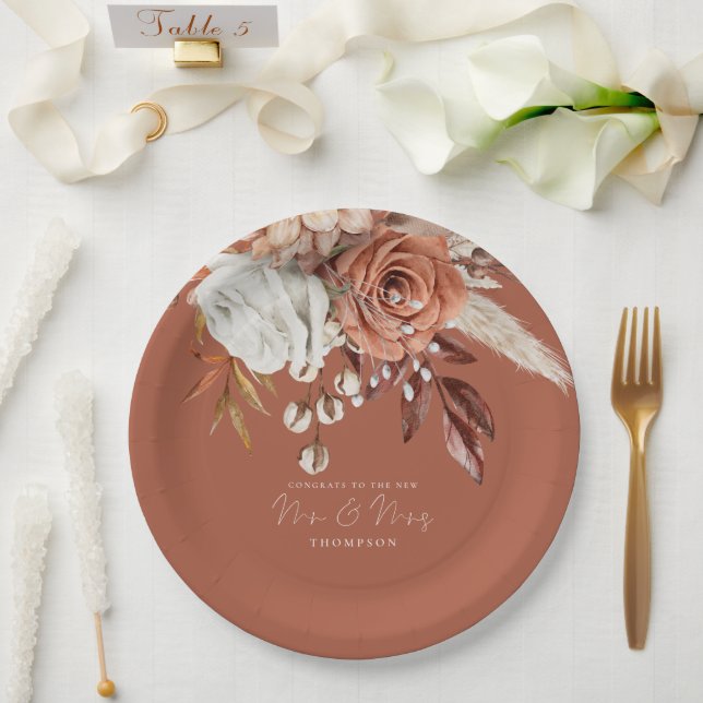 Terracotta Florals Congrats Mr Mrs Rust Wedding  Paper Plate (Wedding)