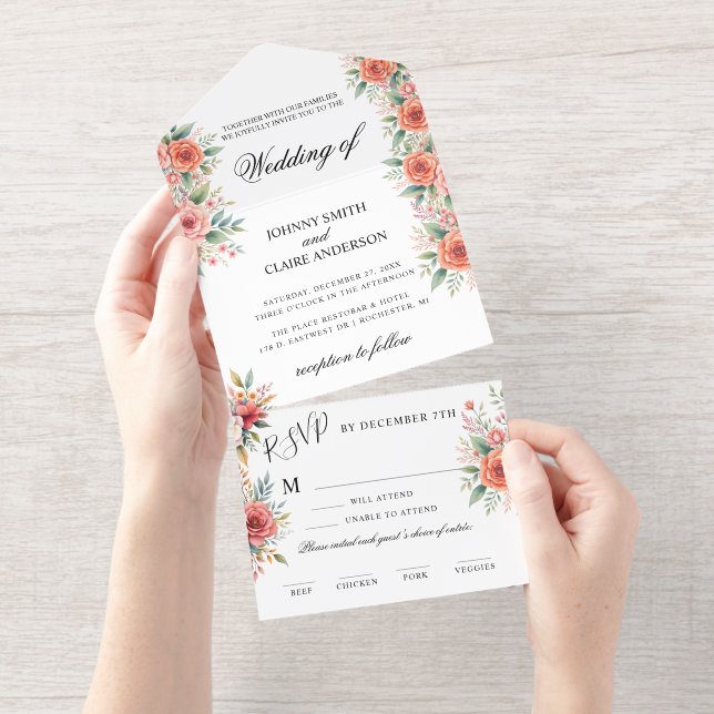 Terracotta Florals Elegant Wedding Invitation (Tearaway)