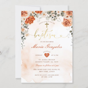 Terracotta Florals Girl Christening Gold Baptism Invitation