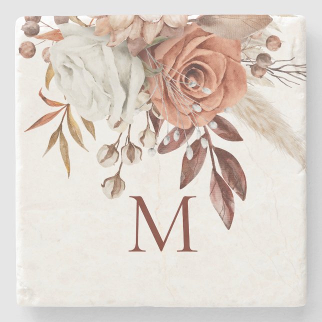 Terracotta Florals Grasses Monogram Initial Stone Coaster (Front)