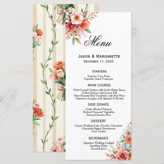 Terracotta Florals Modern Elegant Minimalist Menu  (Front/Back)