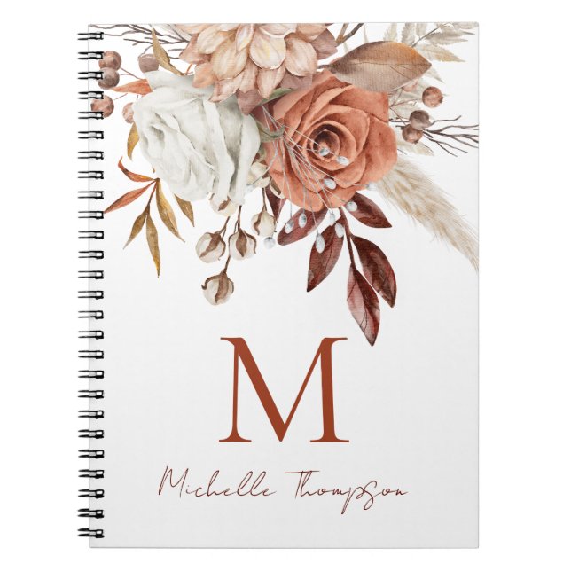 Terracotta Florals Monogram Initial Name Notebook (Front)