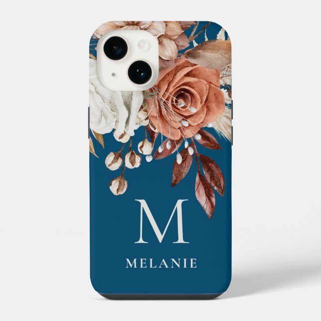 Terracotta Florals Monogram Initial Name Turquoise iPhone Case (Back)