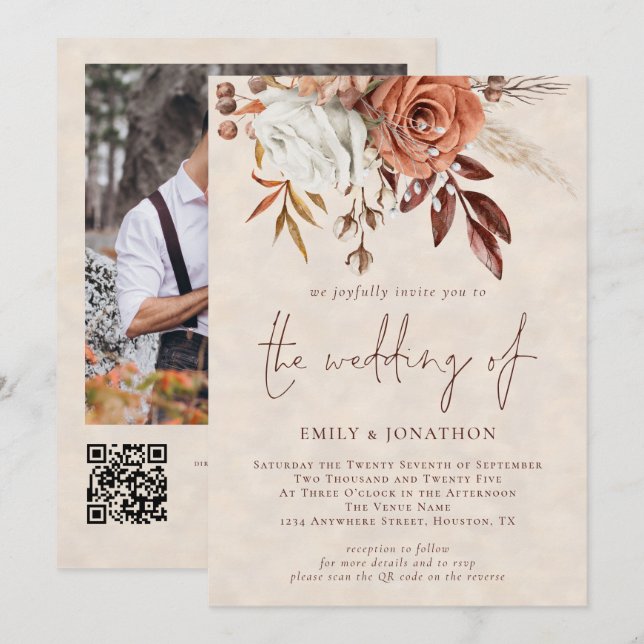 Terracotta Florals Photo Cream Texture Wedding Invitation (Front/Back)