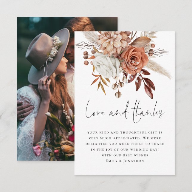Terracotta Florals Photo Love Thanks Wedding Thank You Card (Front/Back)