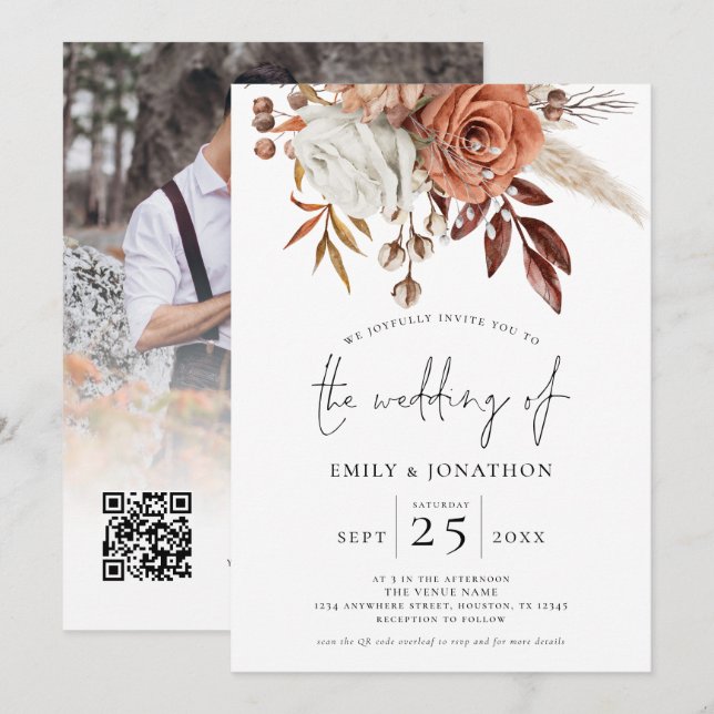 Terracotta Florals Photo Overlay QR Code Wedding  Invitation (Front/Back)