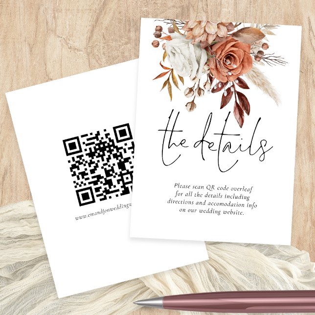 Terracotta Florals QR Code Wedding Details Enclosure Card (Front and back view)