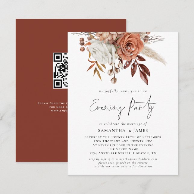 Terracotta Florals QR Code Wedding Evening Party Invitation (Front/Back)