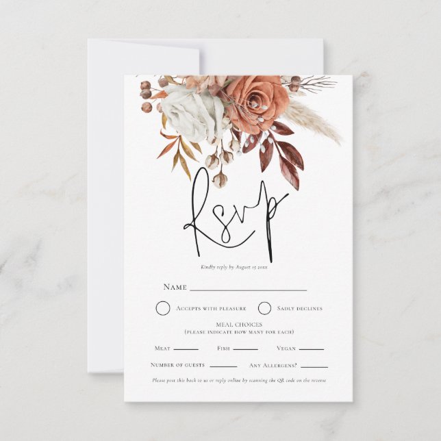 Terracotta Florals QR Meal Choices Wedding RSVP  (Front)