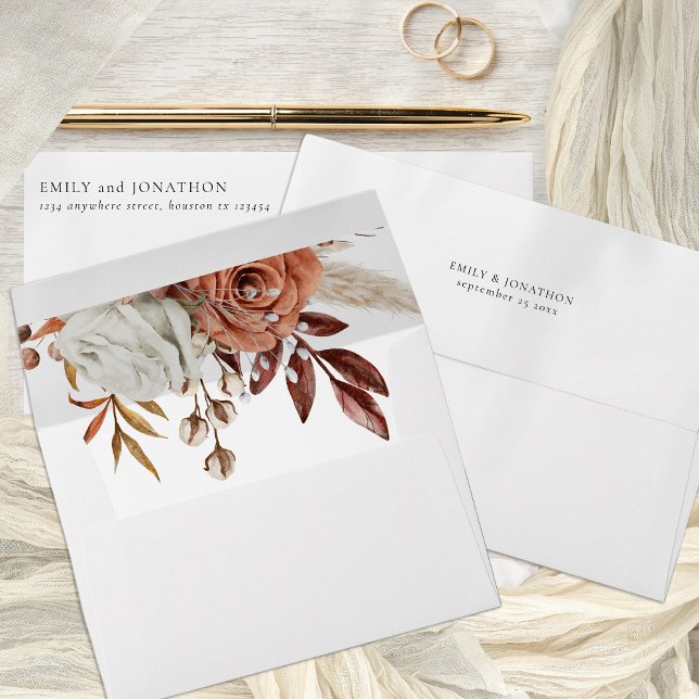 Terracotta Florals Return Name Address Wedding Envelope (Front, Inside and back flap view. Part of a wide ranging collection of stationery and accessories)