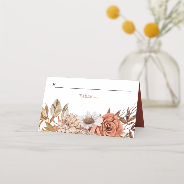 Terracotta flower arrangement fall wedding place card (Front)