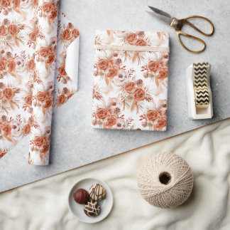 Terracotta Flowers and Boho Watercolor Clay Roses Wrapping Paper