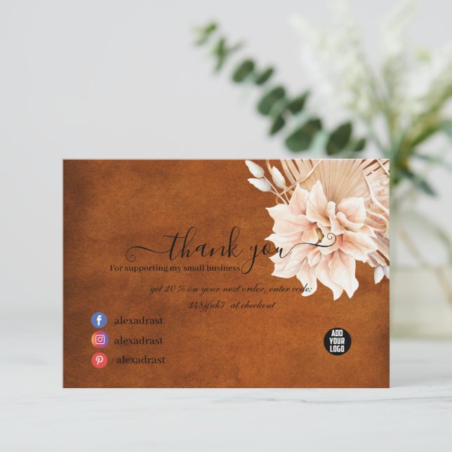 Terracotta Flowers and Pampas Grass Business Thank You Card (Standing Front)