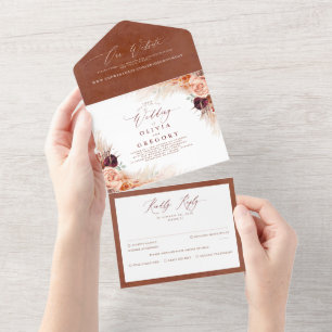 Terracotta Flowers and Pampas Grass Exotic Wedding All In One Invitation