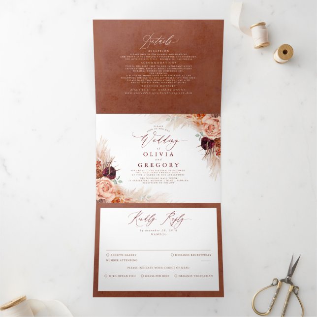 Terracotta Flowers and Pampas Grass Exotic Wedding Tri-Fold Invitation (Inside)