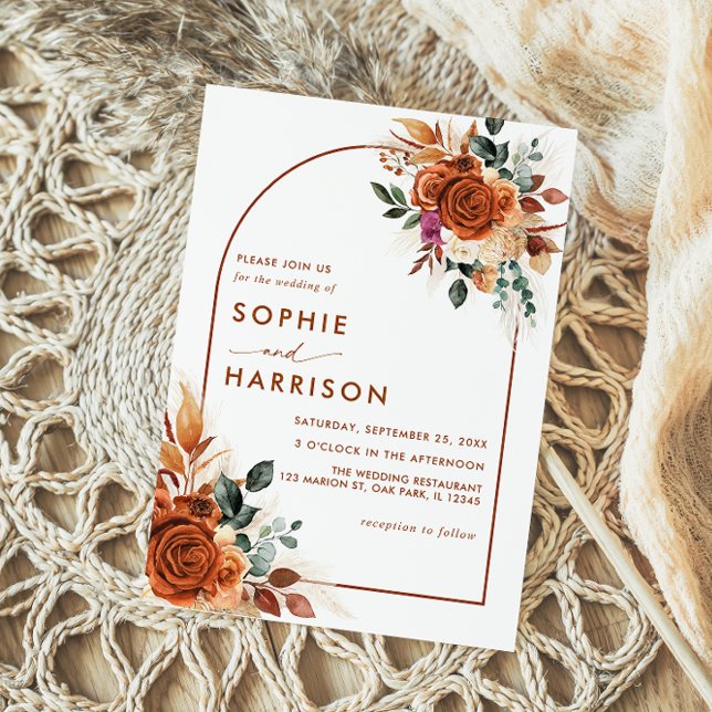 Terracotta Flowers and Pampas Grass Rust Wedding I Invitation (Creator Uploaded)