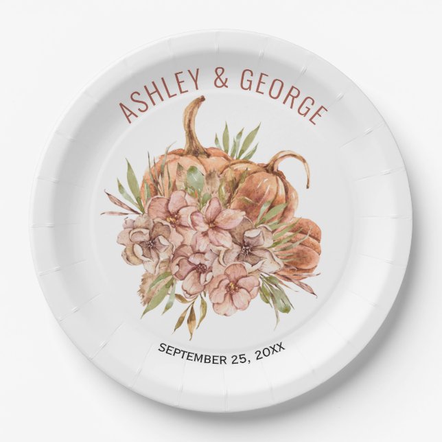 Terracotta flowers and pumpkins fall wedding paper plate (Front)