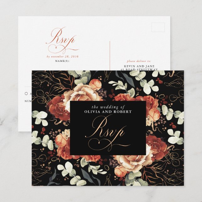 Terracotta Flowers Black Wedding RSVP Postcard (Front/Back)