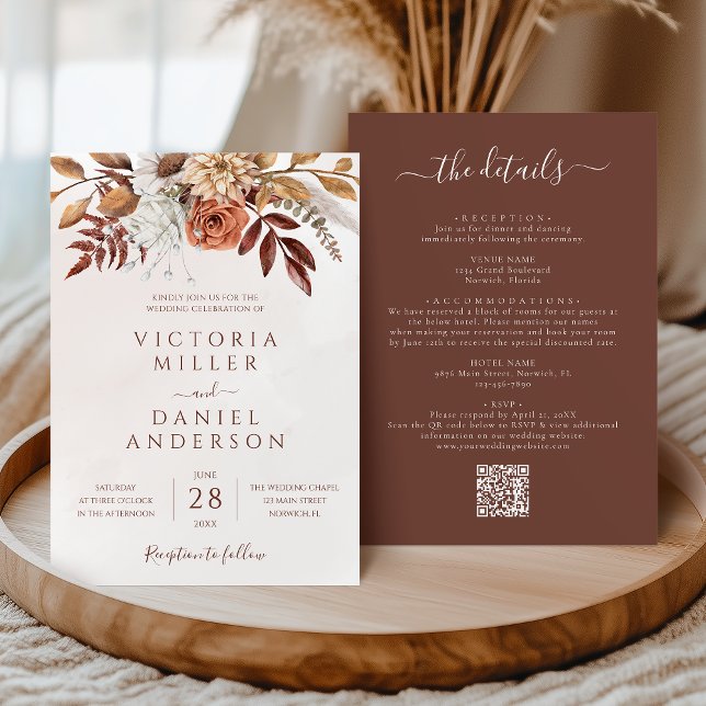 Terracotta Flowers Boho All In One QR Code Wedding Invitation (Creator Uploaded)