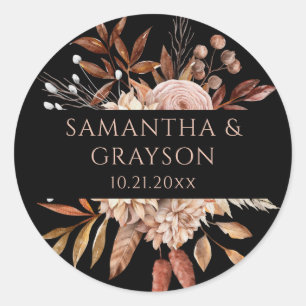 Terracotta Flowers Boho Fall Foliage Black Wedding Classic Round Sticker