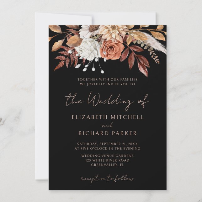 Terracotta Flowers Boho Fall Foliage Black Wedding Invitation (Front)