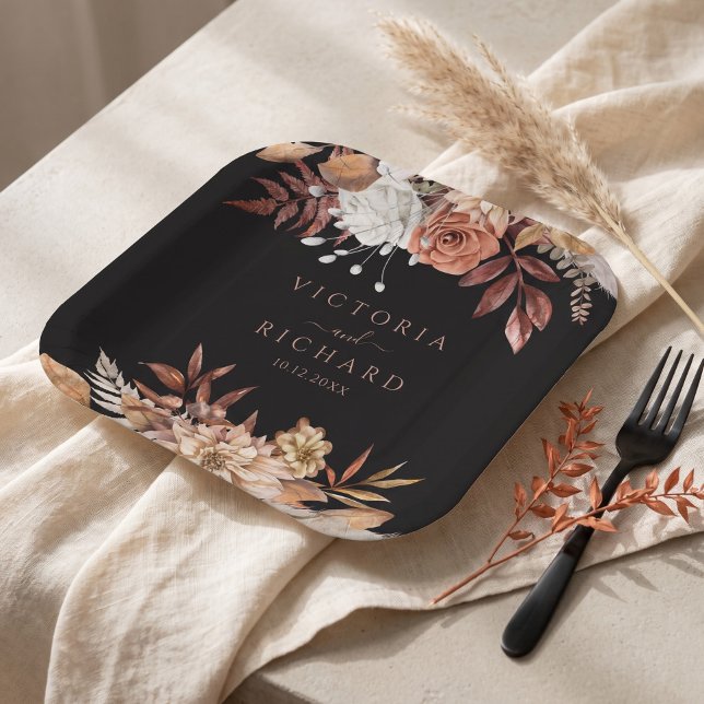 Terracotta Flowers Boho Fall Foliage Black Wedding Paper Plate (Creator Uploaded)