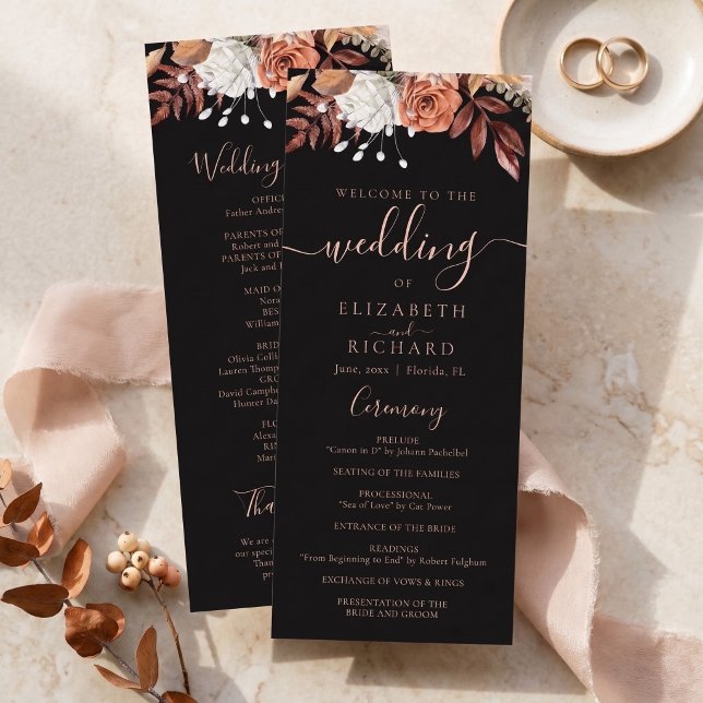 Terracotta Flowers Boho Fall Foliage Black Wedding Programme (Creator Uploaded)