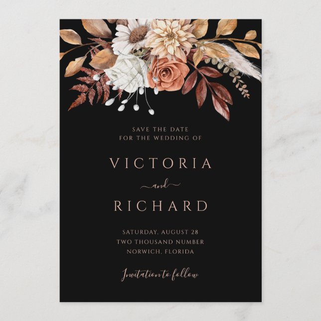 Terracotta Flowers Boho Fall Foliage Black Wedding Save The Date (Front)