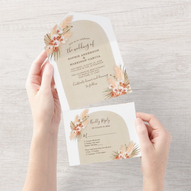 Terracotta Flowers Boho Pampas Grass Wedding All In One Invitation (Tearaway)
