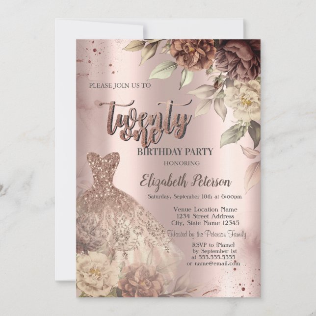 Terracotta Flowers Dress Wine Glass 21st Birthday Invitation (Front)