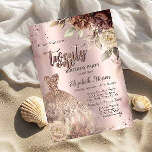 Terracotta Flowers Dress Wine Glass 21st Birthday Invitation