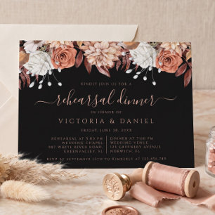 Terracotta Flowers Fall Black Rehearsal Dinner Invitation