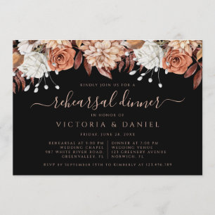 Terracotta Flowers Fall Black Rehearsal Dinner Invitation