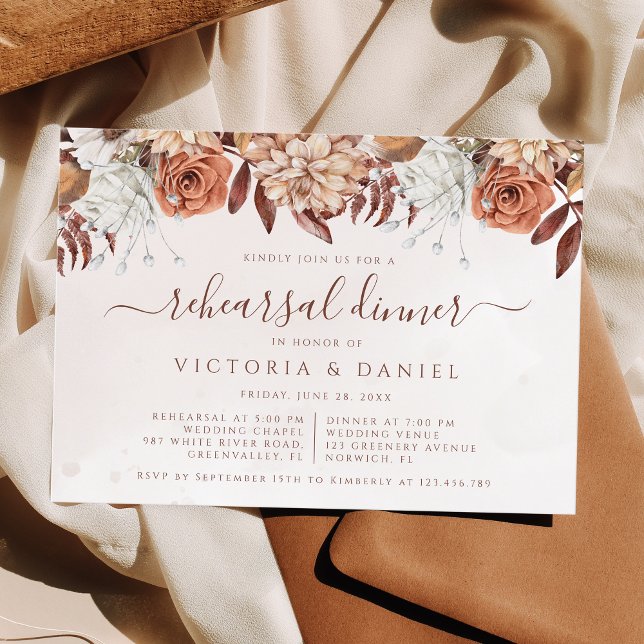 Terracotta Flowers Fall Foliage Rehearsal Dinner Invitation (Creator Uploaded)