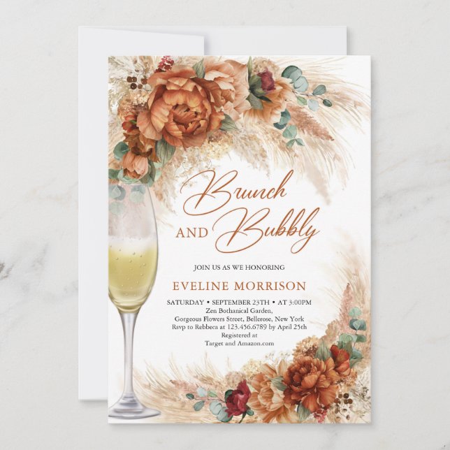 Terracotta flowers pampas grass brunch and bubbly invitation (Front)