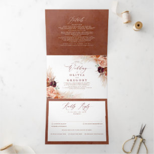 Terracotta Flowers Pampas Grass Wedding Tri-Fold Invitation