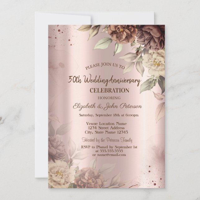 Terracotta Flowers Rose Gold Wedding Anniversary Invitation (Front)