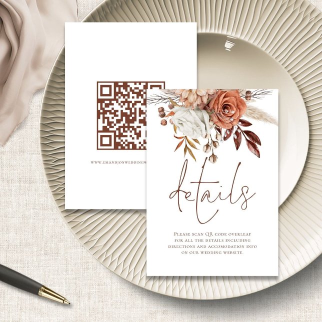 Terracotta Flowers Script QR Code Wedding Details Enclosure Card (front and back view)