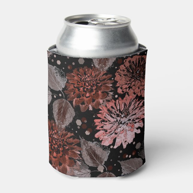 Terracotta flowers with grey leaves on a black  can cooler (Can Front)