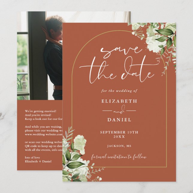 Terracotta Foliage Gold Arch Photo QR Code Wedding Save The Date (Front/Back)