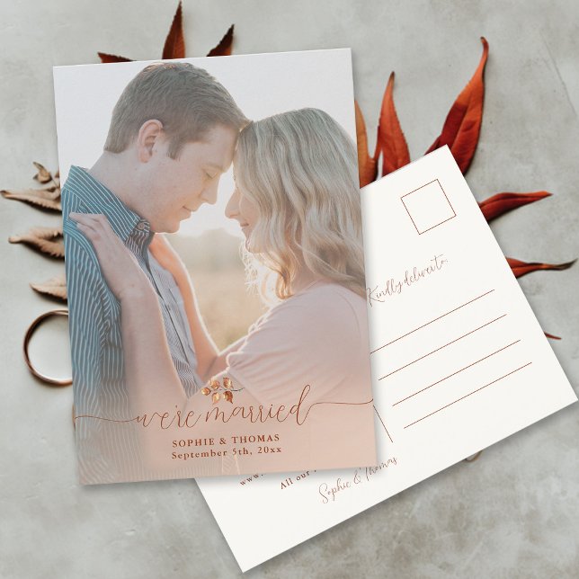 Terracotta Foliage Photo Elopement Announcement  Postcard (Elopement Postcard Fall Autumn Wedding Photo Elegant Calligraphy Modern Simple Classy Terracotta)
