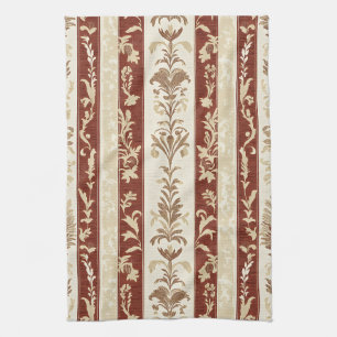 Terracotta French Country Toile Floral Stripe Tea Towel
