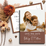 Terracotta Fun Script Modern Photo Simple Wedding  Announcement Postcard<br><div class="desc">Terracotta Fun Script Modern Photo Simple Wedding Save The Date Announcement Postcard. Let your family, friends and colleagues know that you have set a date for your wedding celebration with this elegant, stylish and modern wedding save the date invitation card. All the texts are pre-arranged for you to personalise easily...</div>