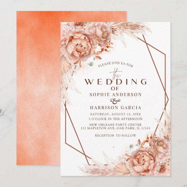 Terracotta Geometric Floral Pampas Grass Wedding Invitation (Front/Back)